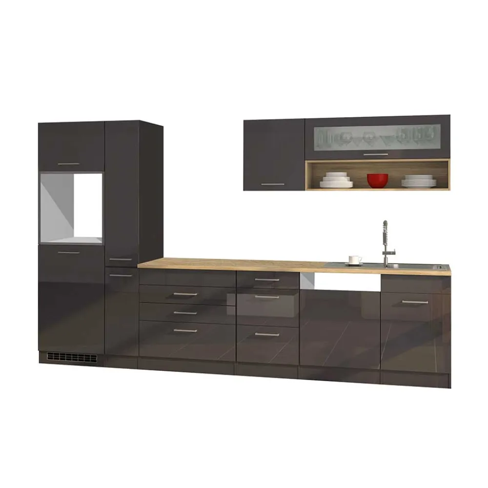 Wohnen Küche Komplett|Küchenzeilen*330 cm breite Küchenzeile in Dunkelgrau - Bozenia (neunteilig)