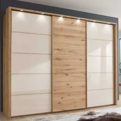 Wohnen Schränke|Kleiderschränke*300 cm breiter Schwebetürenschrank mit Glas Beige - Nikoba