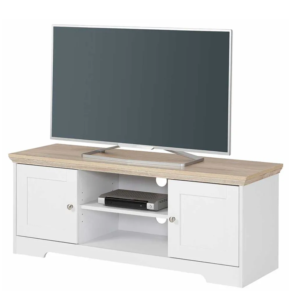 Wohnen Weiße Möbel|Landhausmöbel*120 cm langes TV Lowboard in Weiß & Eiche - Akedra