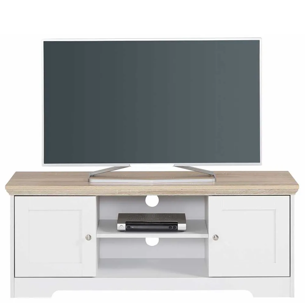 Wohnen Weiße Möbel|Landhausmöbel*120 cm langes TV Lowboard in Weiß & Eiche - Akedra