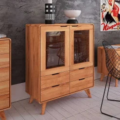 Wohnen Esszimmerschränke|Highboards*110 cm niedrige Holzvitrine aus Kernbuche - Junola