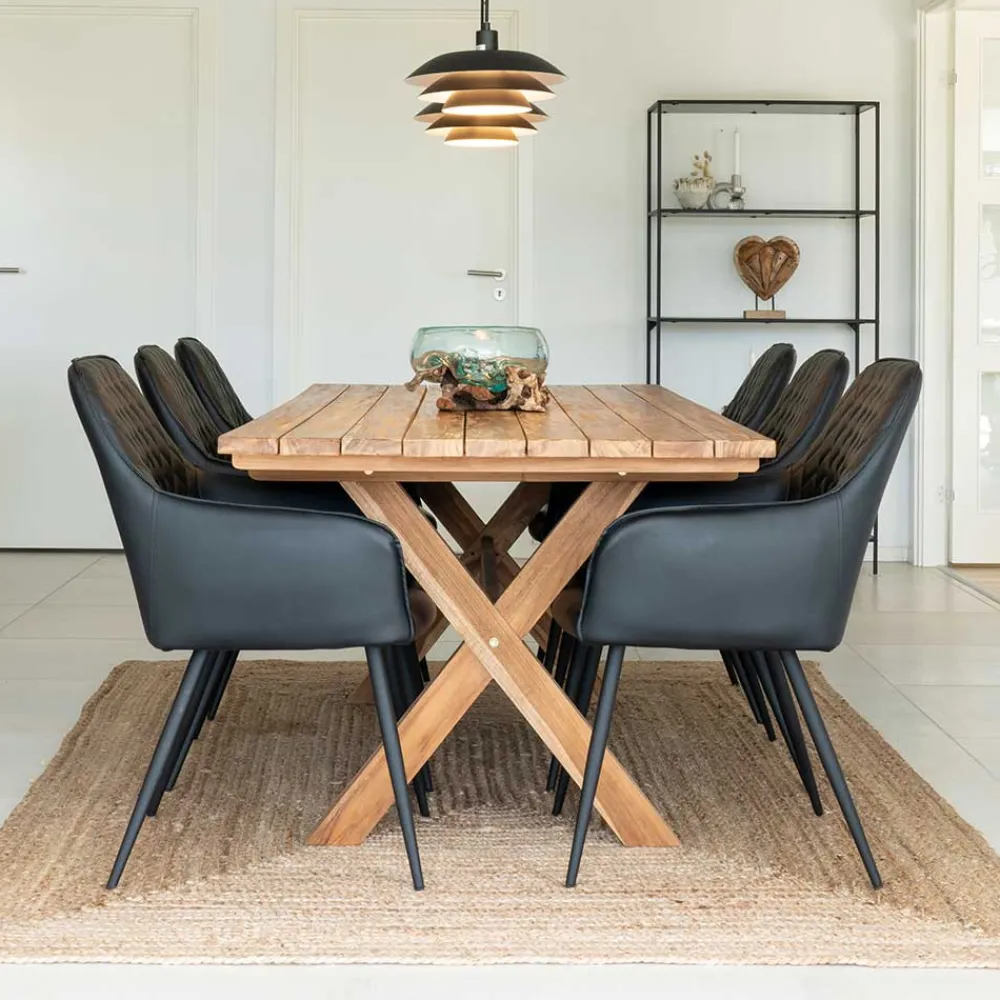 Wohnen Altholz Esstisch & Kunstlederstühle - Plugravis (siebenteilig)