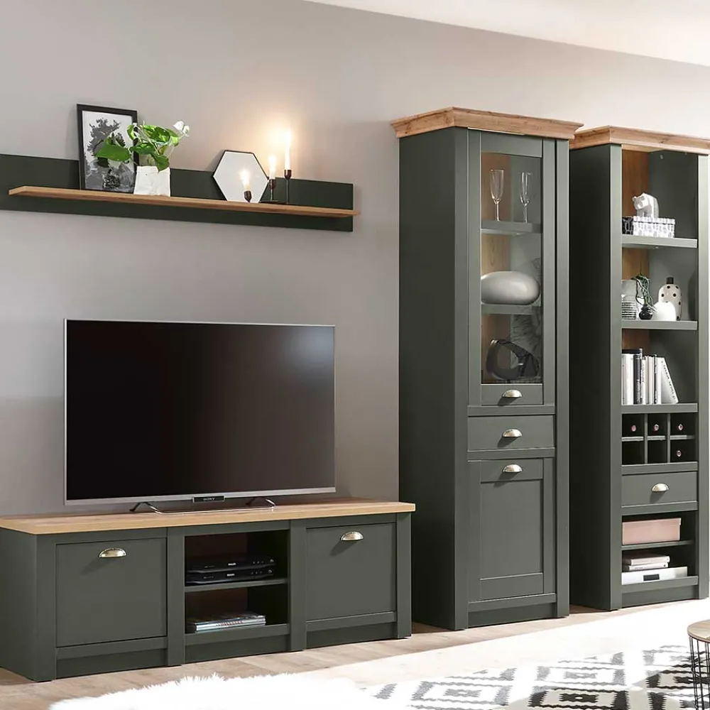 Wohnen Wohnzimmerschränke|Wohnwände*Anbauwand in Graugrün & Wildeiche - Eylan (vierteilig)