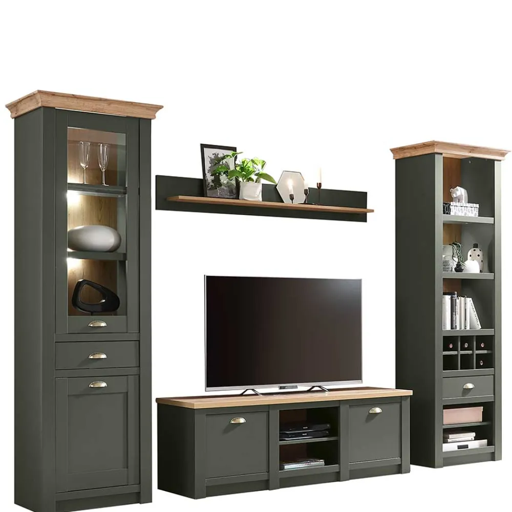 Wohnen Wohnzimmerschränke|Wohnwände*Anbauwand in Graugrün & Wildeiche - Eylan (vierteilig)