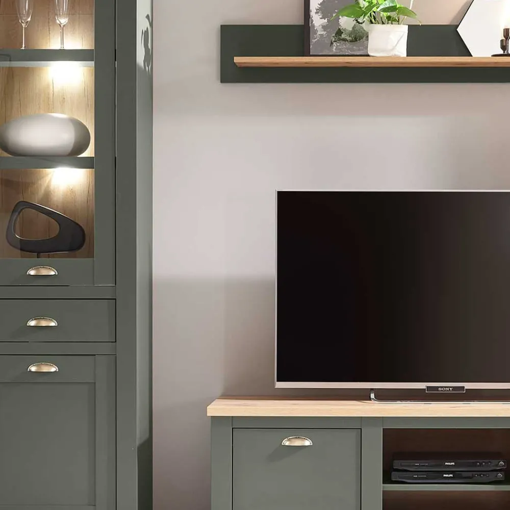 Wohnen Wohnzimmerschränke|Wohnwände*Anbauwand in Graugrün & Wildeiche - Eylan (vierteilig)