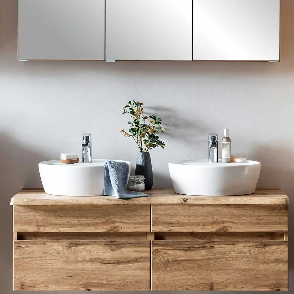 Wohnen Waschtisch|Waschbeckenunterschränke*Bad Doppel-Waschplatz in Wildeiche Baumkante - Drumias