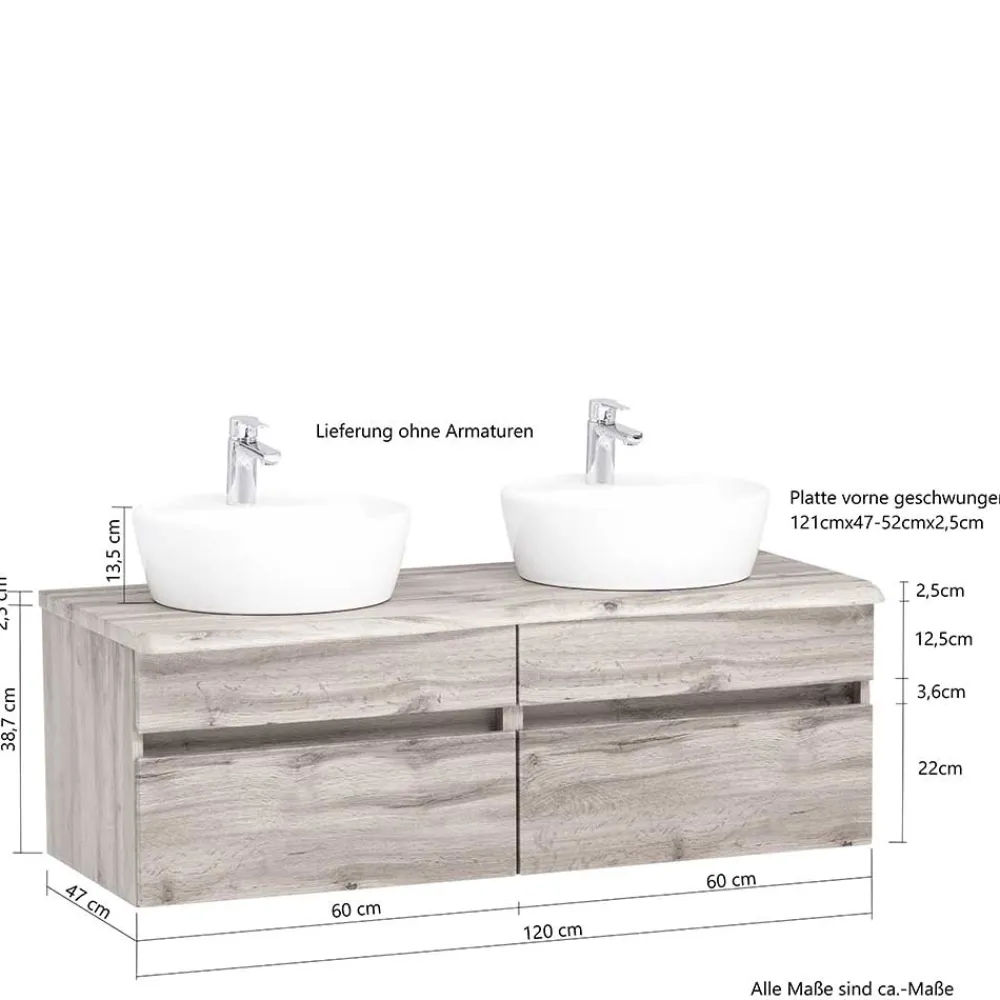 Wohnen Waschtisch|Waschbeckenunterschränke*Bad Doppel-Waschplatz in Wildeiche Baumkante - Drumias