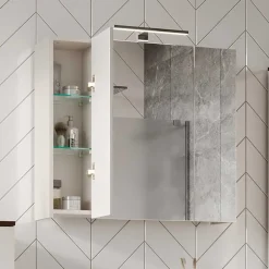 Wohnen Glasmöbel|Bad-Spiegelschränke*Bad Spiegelschrank mit Aufsatzleuchte in Hellgrau - Dolida