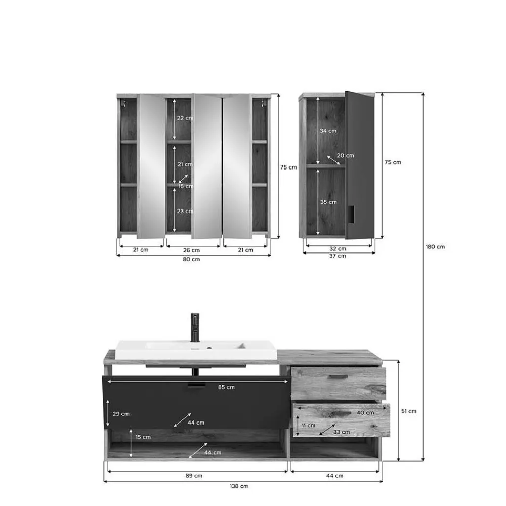 Wohnen Badezimmer Komplett*Bad Waschplatz Kombi hängend - Steikun (dreiteilig)