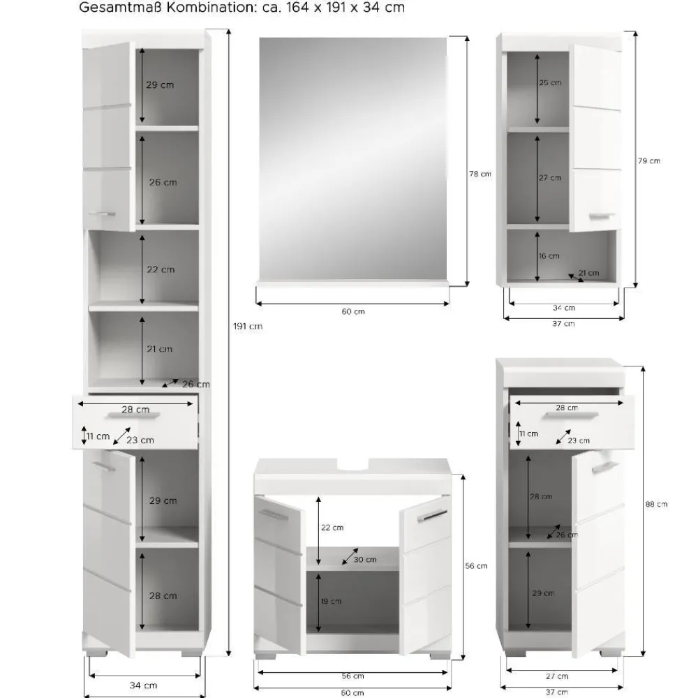 Wohnen Badezimmer Komplett*Badblock Möbelset in Weiß - Henriette (fünfteilig)