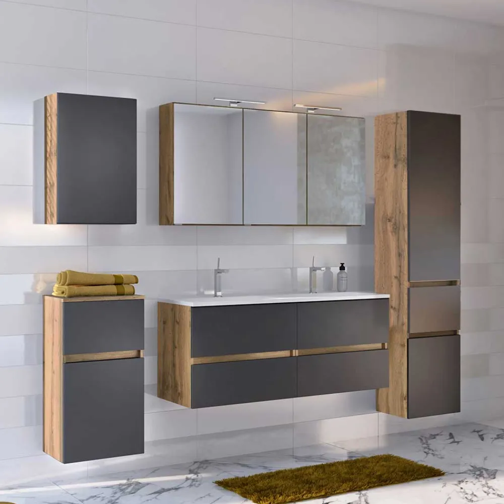 Wohnen Badezimmer Komplett*Badezimmer Doppel-Waschtisch & Schränke - Athrin (fünfteilig)