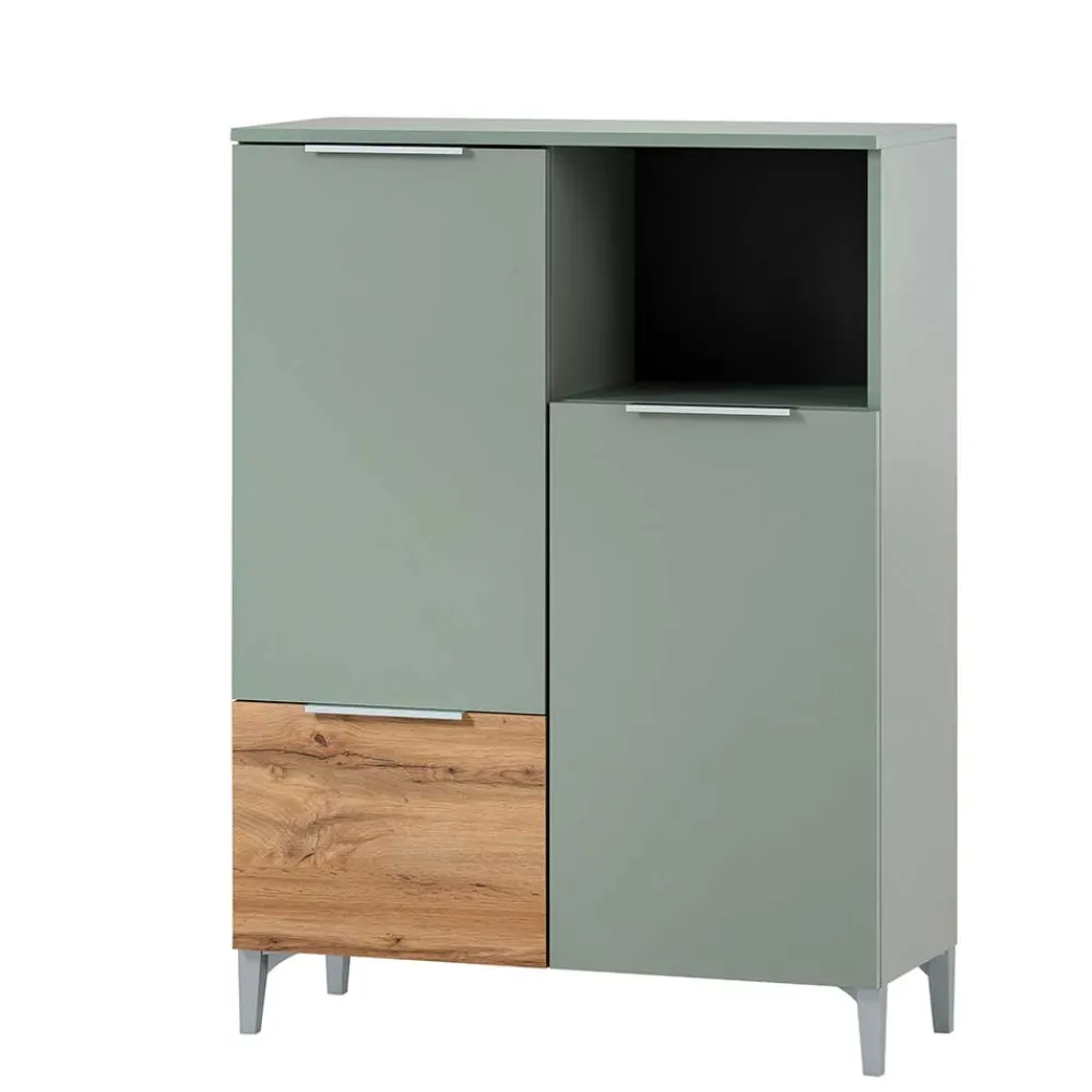 Wohnen Skandinavische Möbel|Badschränke*Badezimmer Highboard in Graugrün und Eiche - Liz