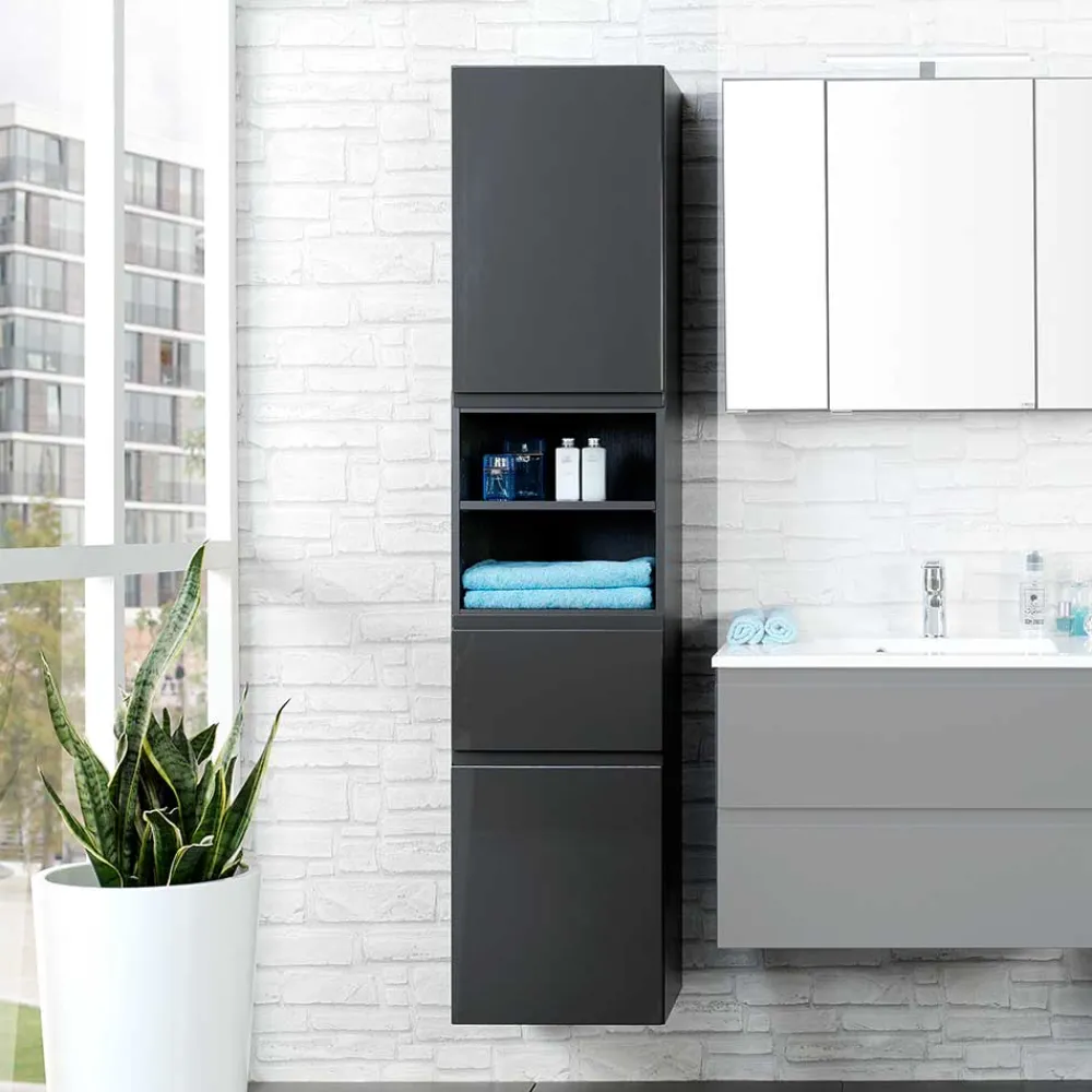 Wohnen Badezimmer Hochschrank Blaxin in Anthrazit Hochglanz