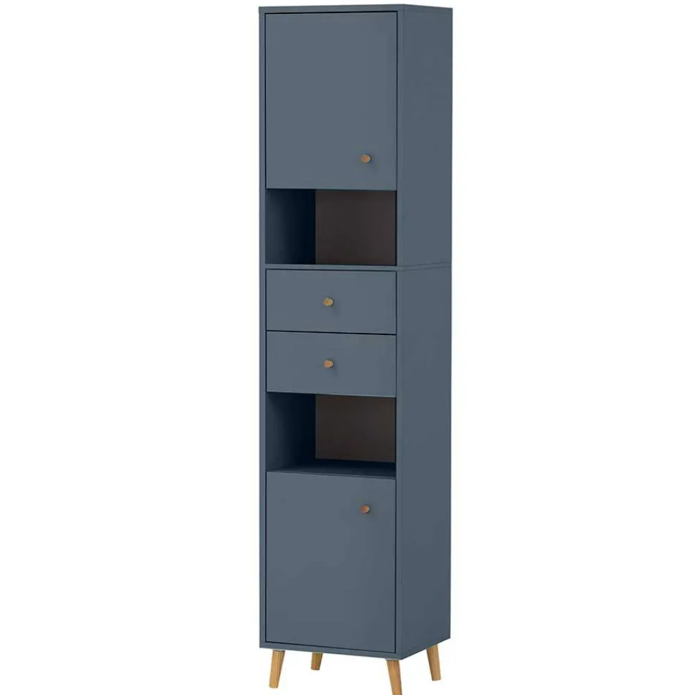 Wohnen Badezimmer Hochschrank in Petrol Blau & Eiche - Matrera