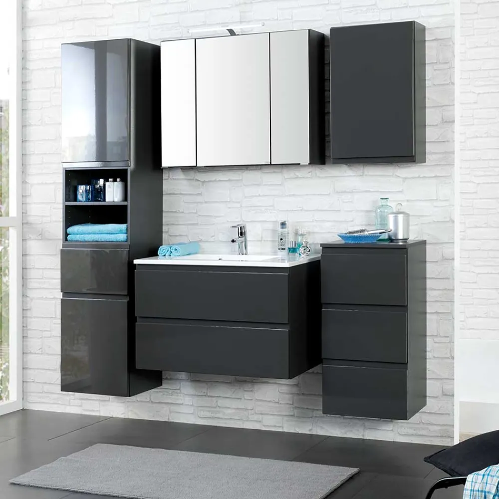 Wohnen Badezimmer Komplett*Badezimmer Möbelset Blaxin in Anthrazit Hochglanz (fünfteilig)
