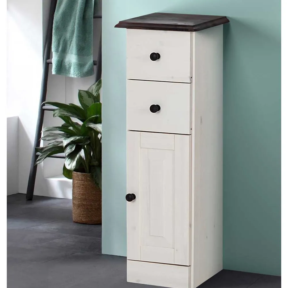 Wohnen Badschränke*Badezimmer Schrank in Weiß mit Dunkelbraun - Malka