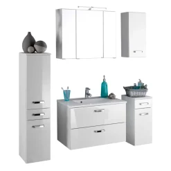 Wohnen Glasmöbel|Badezimmer Komplett*Badezimmer Set Sagunis in Weiß Hochglanz (fünfteilig)
