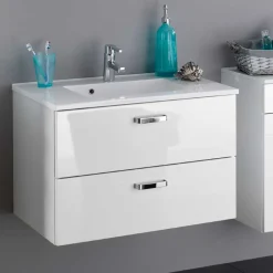 Wohnen Glasmöbel|Badezimmer Komplett*Badezimmer Set Sagunis in Weiß Hochglanz (fünfteilig)