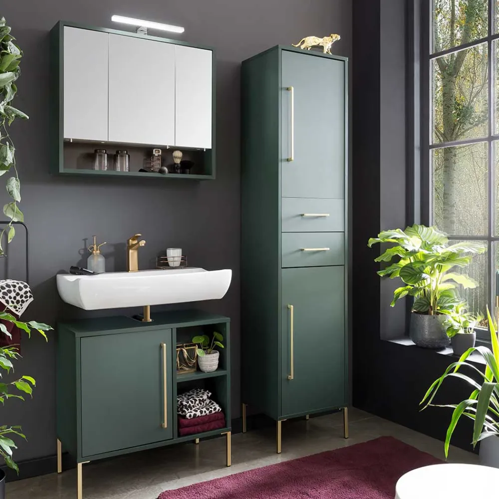Wohnen Skandinavische Möbel|Badezimmer Komplett*Badezimmermöbel in Dunkelgrün & Gold - Aqua (dreiteilig)