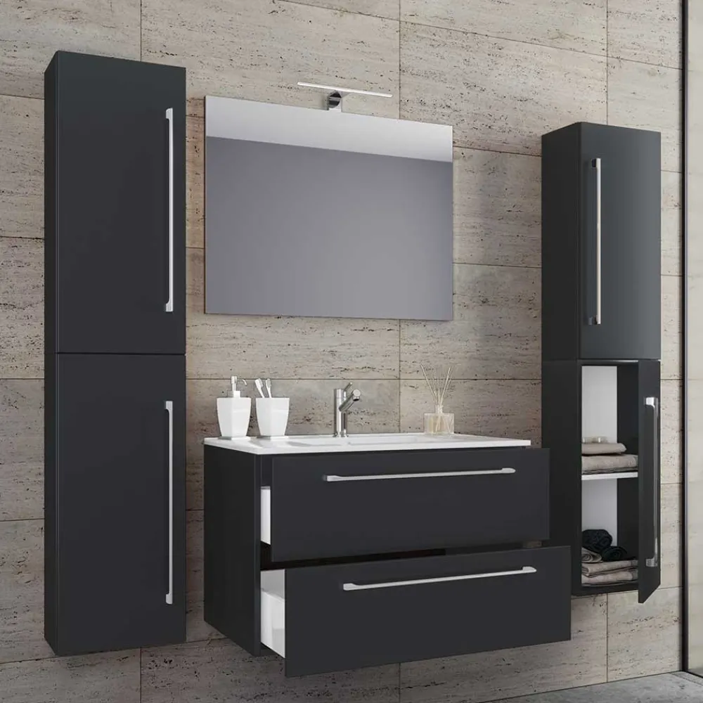 Wohnen Badezimmer Komplett*Badezimmermöbel in Schwarz - Gloriella (vierteilig)