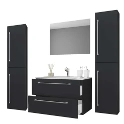 Wohnen Badezimmer Komplett*Badezimmermöbel in Schwarz - Gloriella (vierteilig)