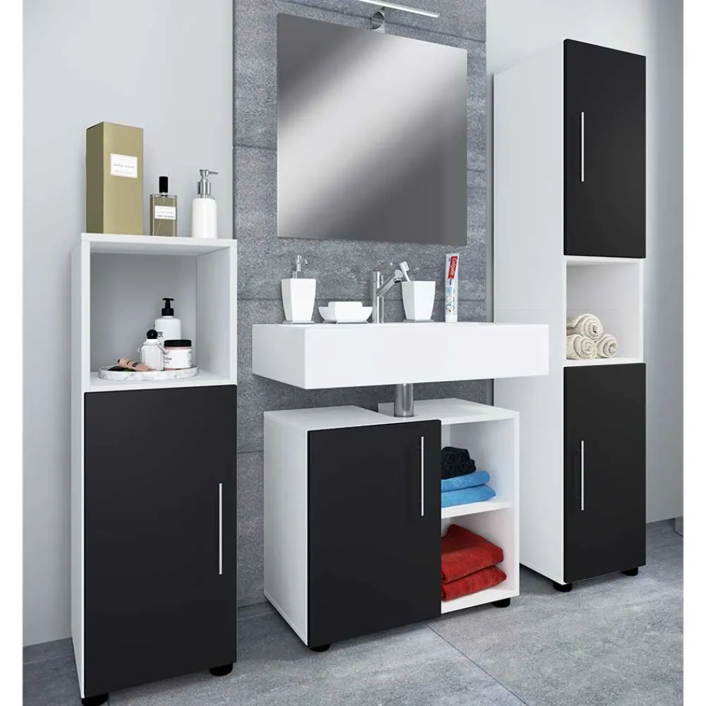 Wohnen Badezimmer Komplett*Badezimmermöbel Set in Weiß und Schwarz - Cranies (vierteilig)