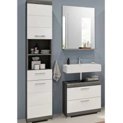 Wohnen Graue Möbel|Weiße Möbel*Badmöbel Hochschrank & Beckenschrank & Spiegel - Nancys (dreiteilig)