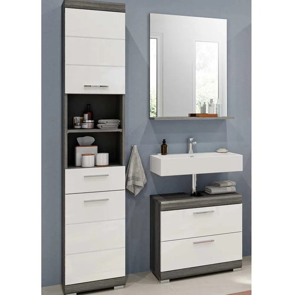 Wohnen Graue Möbel|Weiße Möbel*Badmöbel Hochschrank & Beckenschrank & Spiegel - Nancys (dreiteilig)
