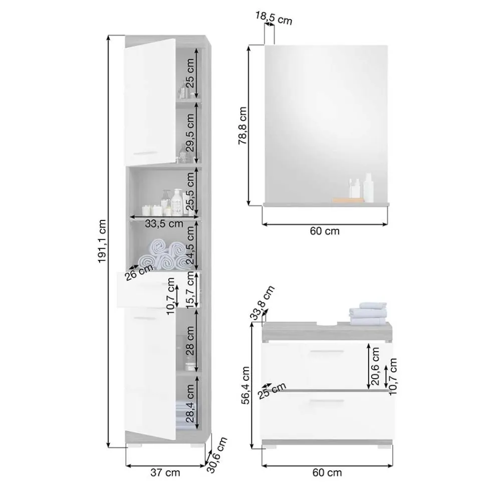 Wohnen Graue Möbel|Weiße Möbel*Badmöbel Hochschrank & Beckenschrank & Spiegel - Nancys (dreiteilig)