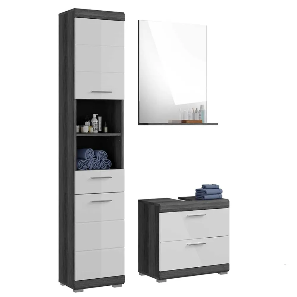 Wohnen Graue Möbel|Weiße Möbel*Badmöbel Hochschrank & Beckenschrank & Spiegel - Nancys (dreiteilig)