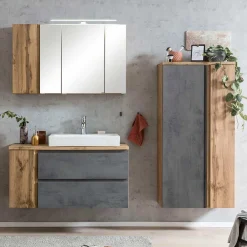 Wohnen Badezimmer Komplett*Badmöbel in Beton Optik & Wildeiche - Mia (dreiteilig)