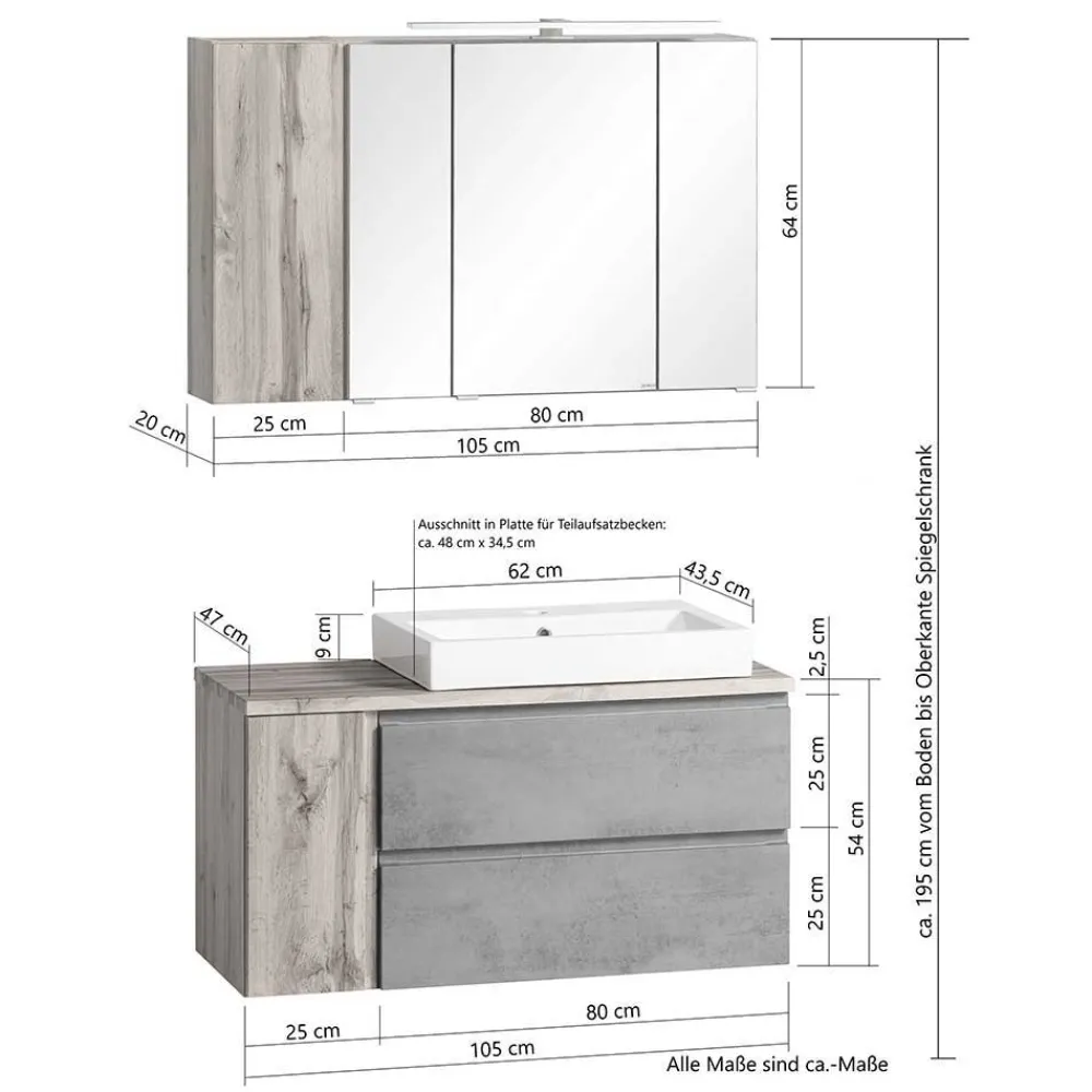 Wohnen Badezimmer Komplett*Badmöbel in Beton Optik & Wildeiche - Mia (dreiteilig)