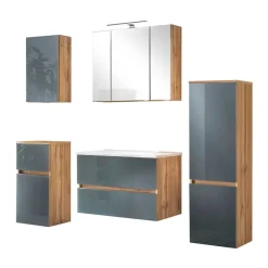Wohnen Badezimmer Komplett*Badmöbel Kombination in Grau Glas - Anviletca (fünfteilig)