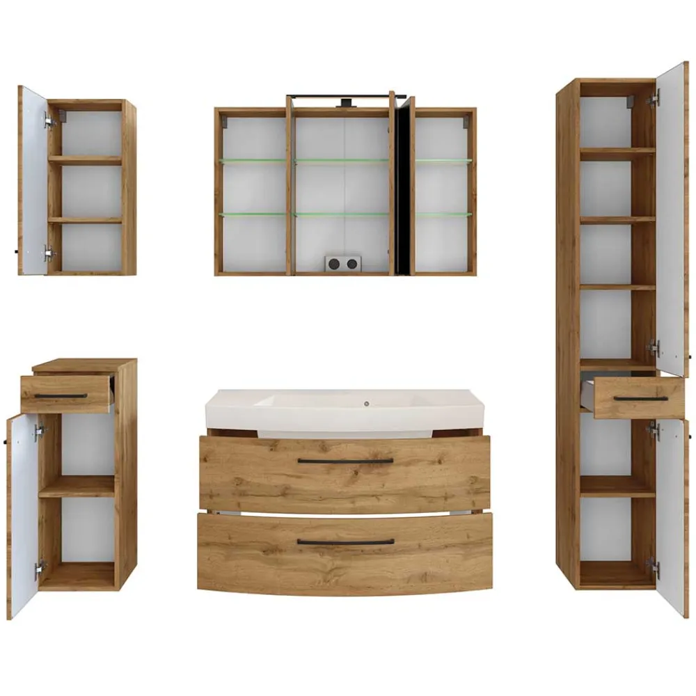 Wohnen Glasmöbel|Badezimmer Komplett*Badmöbel Programm Wildeiche - Arazony (fünfteilig)