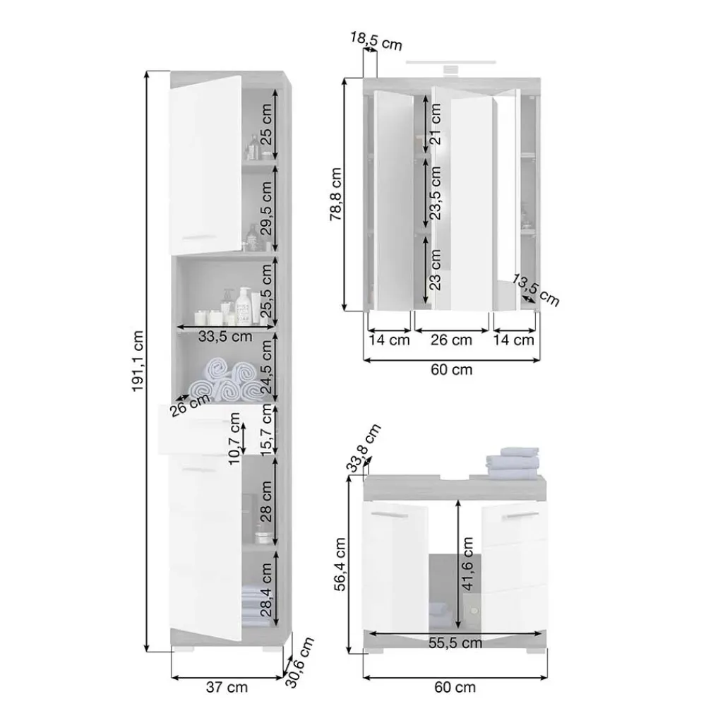 Wohnen Badezimmer Komplett*Badmöbel Set mit hohen Schränken - Nancys (vierteilig)
