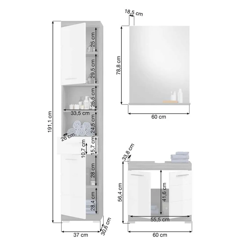 Wohnen Badmöbel Set mit Waschmaschinenschrank - Nancys (vierteilig)