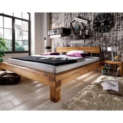 Wohnen Naturholzmöbel|Betten*Balken-Doppelbett mit Nachttischen im Set Housten aus Wildeiche massiv (dreiteilig)