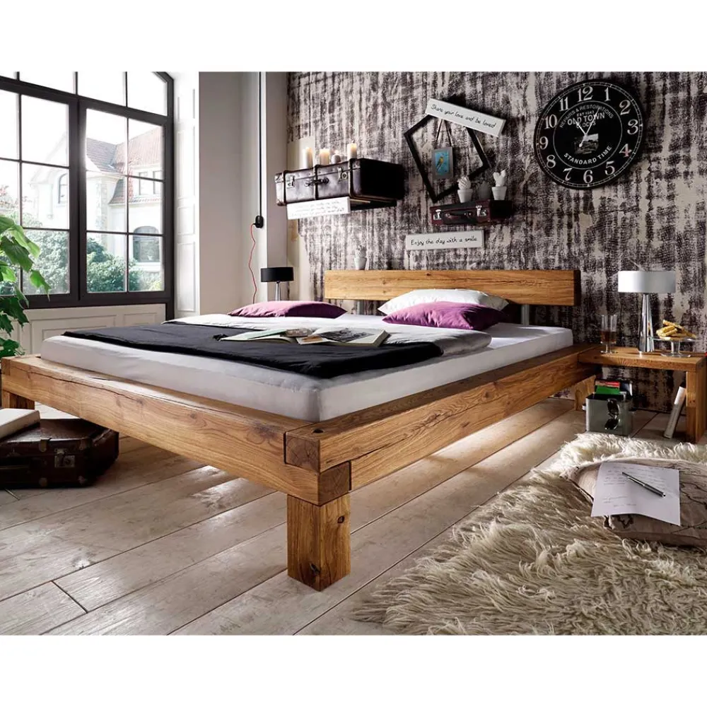 Wohnen Naturholzmöbel|Betten*Balken-Doppelbett mit Nachttischen im Set Housten aus Wildeiche massiv (dreiteilig)