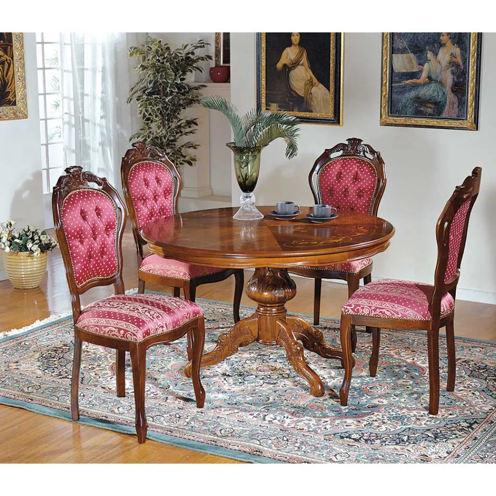 Wohnen Barock Essgruppe mit Tisch rund Magari & 4 Polsterstühlen Rot (fünfteilig)