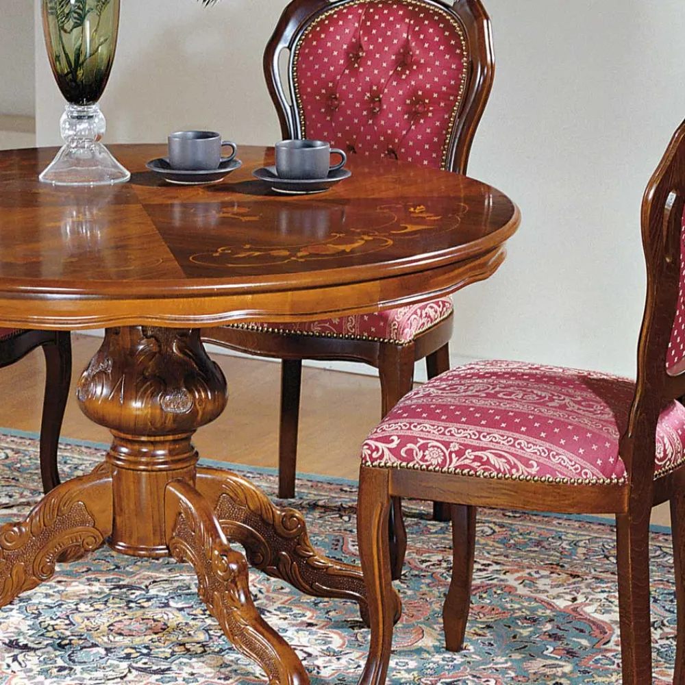 Wohnen Barock Essgruppe mit Tisch rund Magari & 4 Polsterstühlen Rot (fünfteilig)
