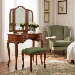 Wohnen Barock Frisiertisch mit Hocker Agosto in Nussbaum (zweiteilig)