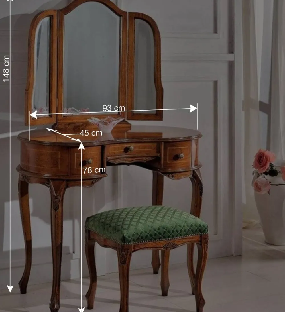 Wohnen Barock Frisiertisch mit Hocker Agosto in Nussbaum (zweiteilig)