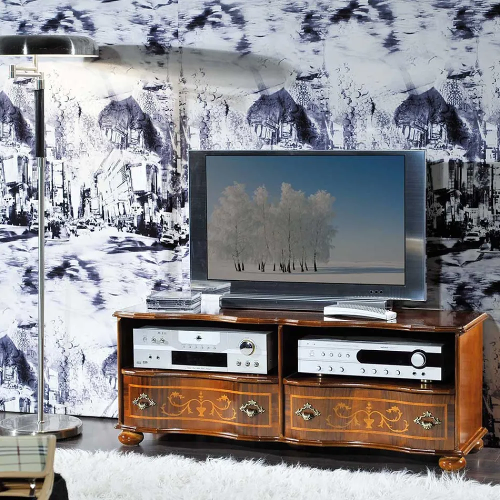 Wohnen Barock Möbel*Barock TV Board in Nussbaum Agosto mit 2 Schubladen