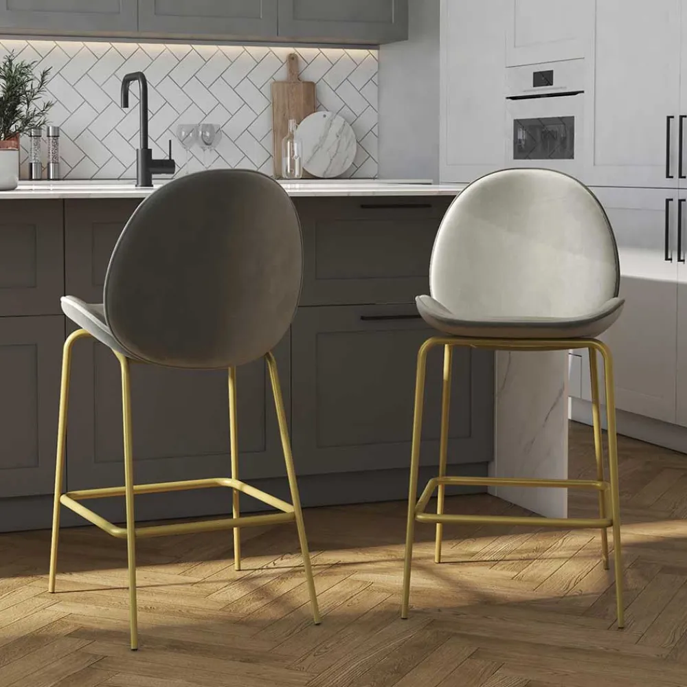 Wohnen Retro Möbel|Barhocker*Barstuhl in Hellgrau und Messing - Loreo