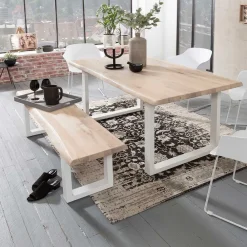 Wohnen Baumkante Esstisch & Bank in White Wash - Tilveta (zweiteilig)