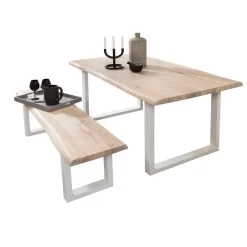 Wohnen Baumkante Esstisch & Bank in White Wash - Tilveta (zweiteilig)