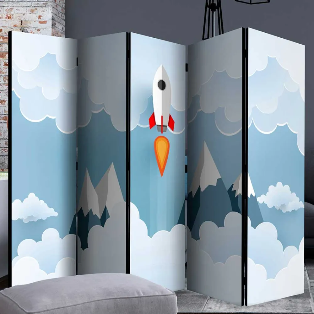 Kinder Wohnen Bedruckter Paravent mit Rakete & Berglandschaft - Kayonar