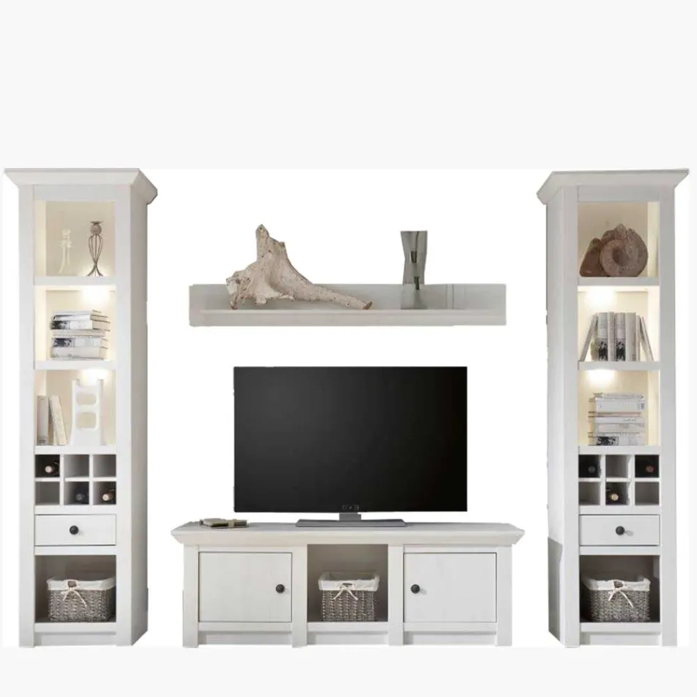 Wohnen Wohnzimmerschränke|Wohnwände*Beleuchtete Wohnwand Chelles im weißem Landhausstil (vierteilig)