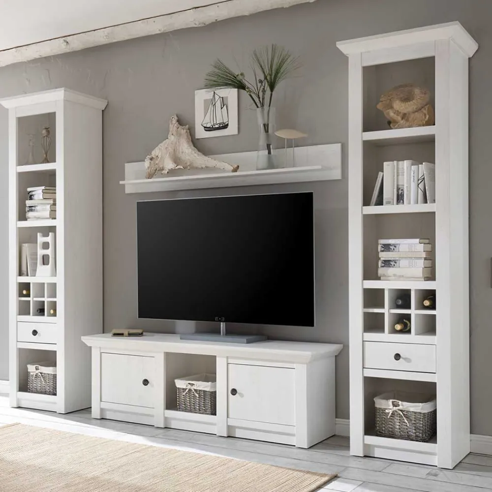 Wohnen Wohnzimmerschränke|Wohnwände*Beleuchtete Wohnwand Chelles im weißem Landhausstil (vierteilig)