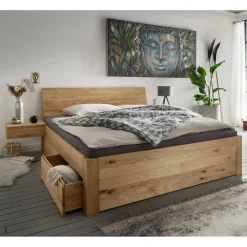 Wohnen Bett mit vier Schubladen aus Wildeiche - Zennian (dreiteilig)